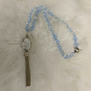Blue beaded necklace with Druzy tassel
